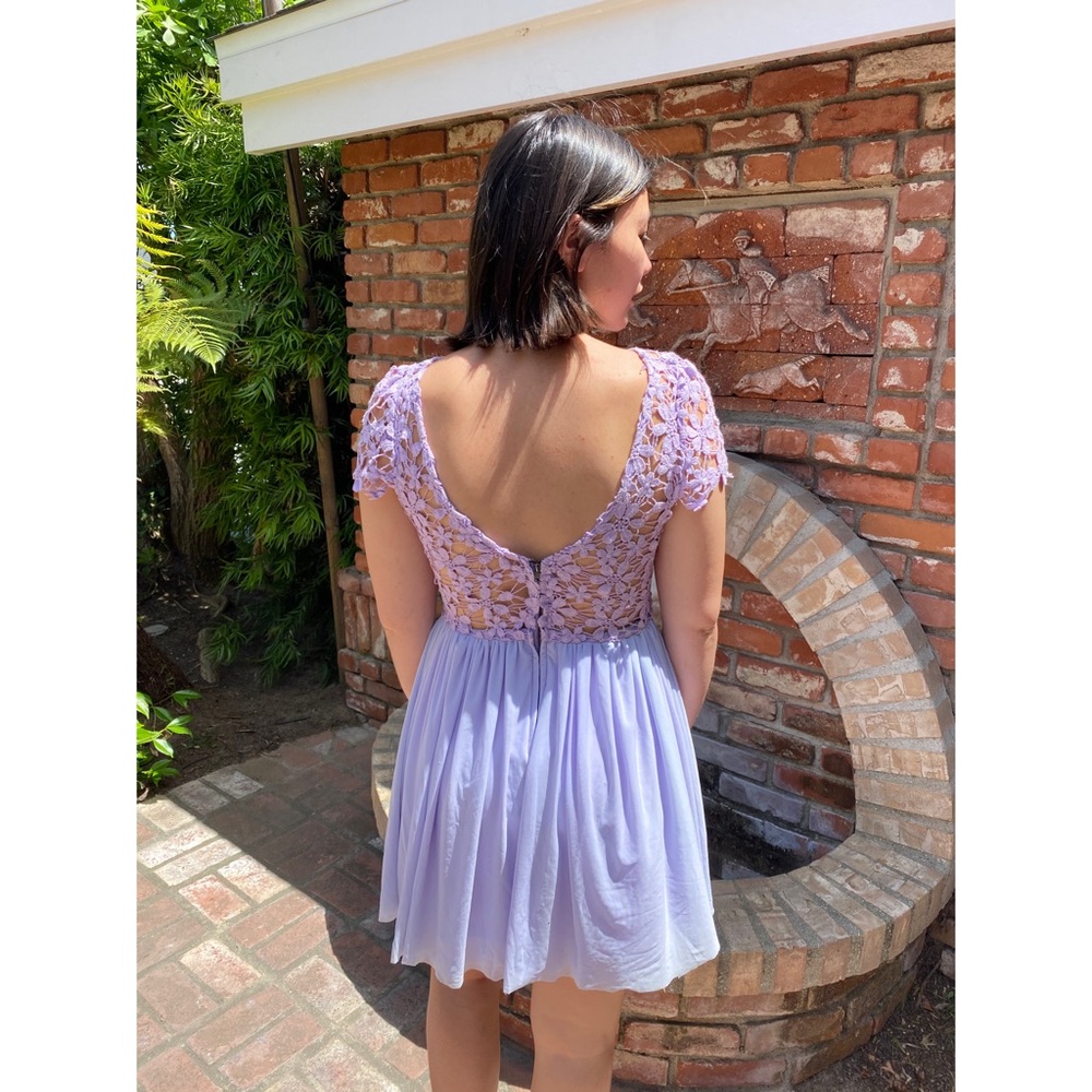 Sweet lavender dress with crocheted floral details. Low back, flowy skirt ♡
